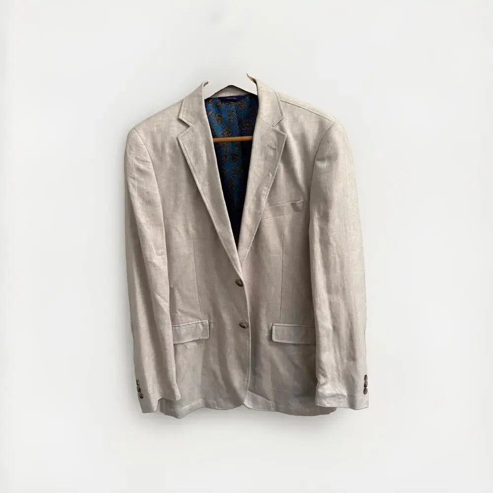 Alan Flusser Mens M Tan Linen Blend Sport Coat Blazer Paisley Lined Office